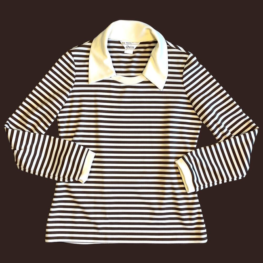 JCPenny Vintage Brown Striped Polo Top Medium - Picture 3 of 12